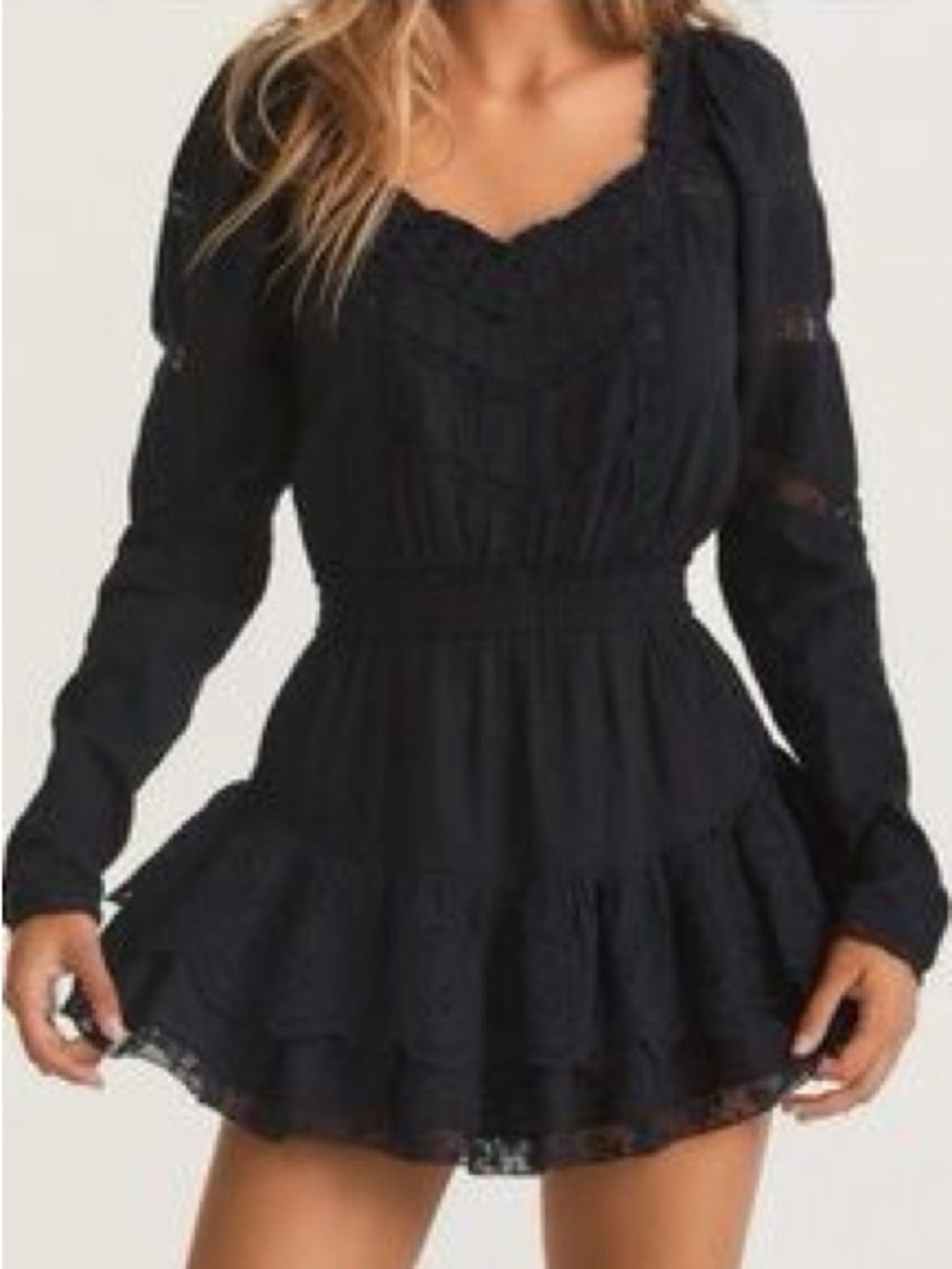 LoveShackFancy Black Sanaya Eyelet Lace Mini Dress